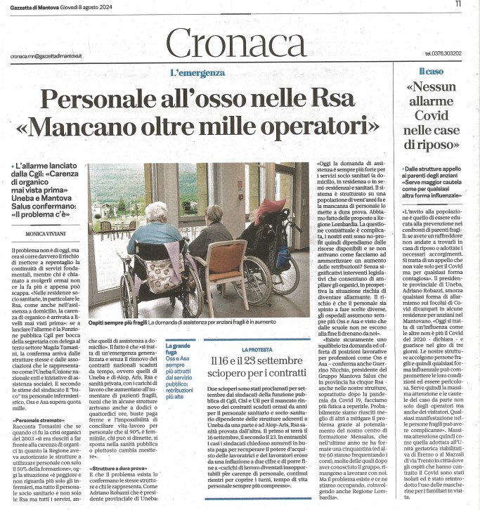 Personale all’osso nelle Rsa mantovane: «Mancano oltre mille operatori» - Gazzetta di Mantova 8 agosto 2024